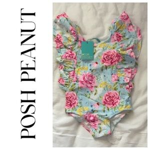 NWT posh peanut one piece girls floral swimsuit. Size 7Y.